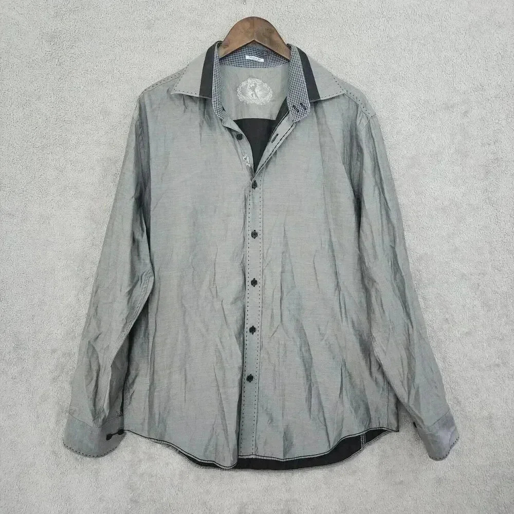Bugatchi Mens Shaped Fit Long Sleeve Shirt Grey 100% Cotton Size L 16PT
